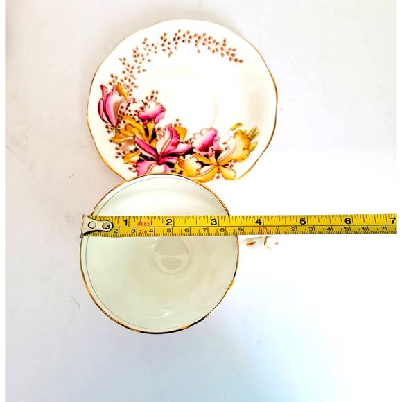 Vintage Queen Ann Teacup Saucer Orchids Pink Yellow Bone China Cottagecore - Picture 8 of 10